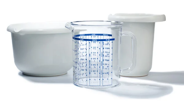 Baking equipment: Two bowls and measuring jug — Stock Photo, Image