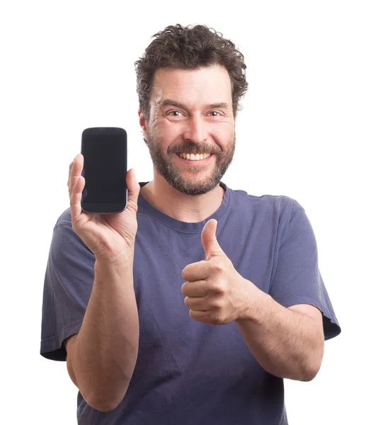 Barbuto europeo uomo mostrando smart phone — Foto Stock