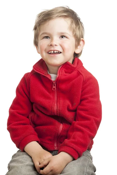 Portrait of curious blonde toddler boy on white — Stock Photo, Image