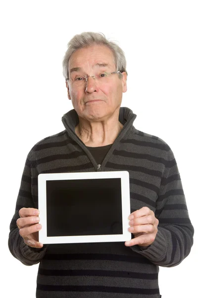 Hombre mayor caucásico serie retrato, mostrando tableta ordenador — Foto de Stock