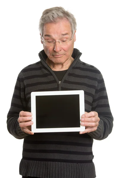 Senior Caucasian man portrait series, showing tablet computer — Stock Photo, Image