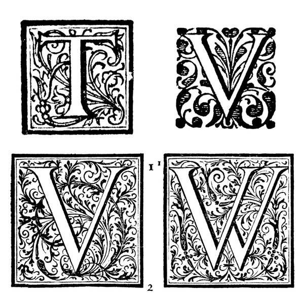 Initials - Ornamental Capitals - from an antique bible - T, V, W — Stock Photo, Image