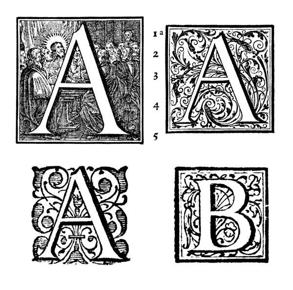 Initialer - "Ornamental Capitals" - fra en antikk bibel - E – stockfoto