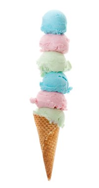 Colorful Ice Cream Cone with lots of scoops, Isolated on white clipart