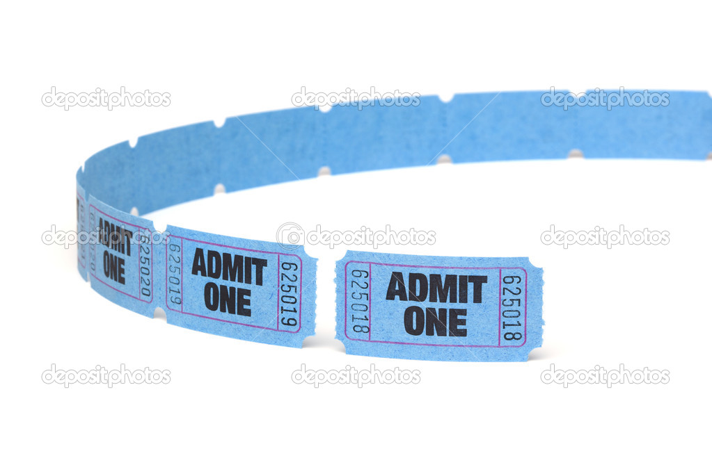 Admit One Entry Tickets on a roll, Isolated on White