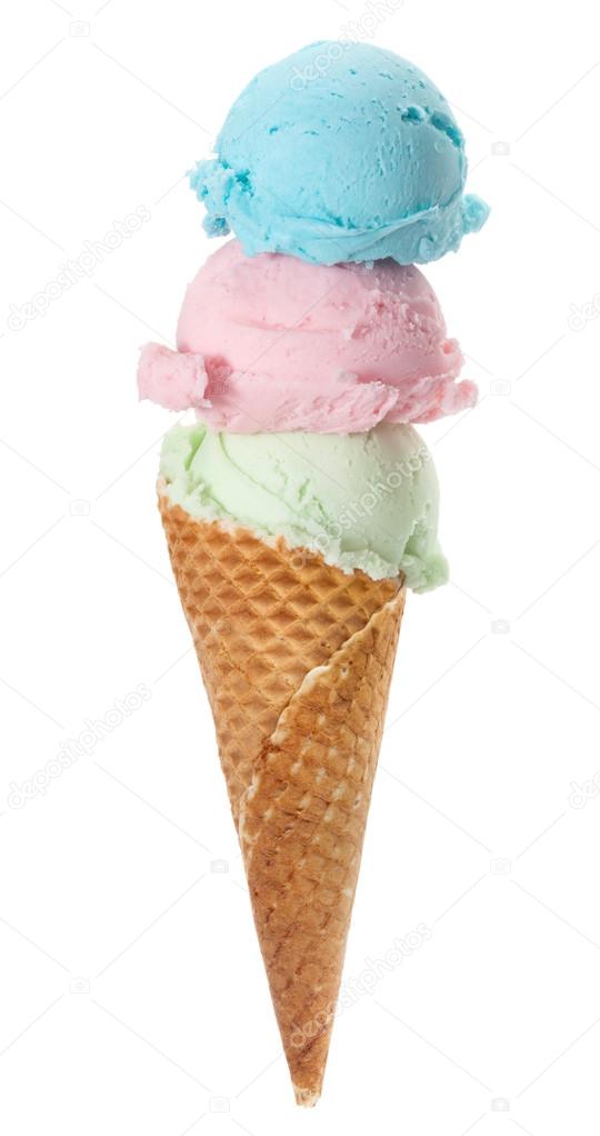 Colorful Ice Cream Cone with three scoops, Isolated on white