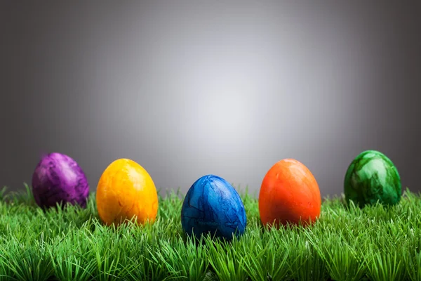 Huevos de Pascua de colores en la hierba, fondo gris —  Fotos de Stock