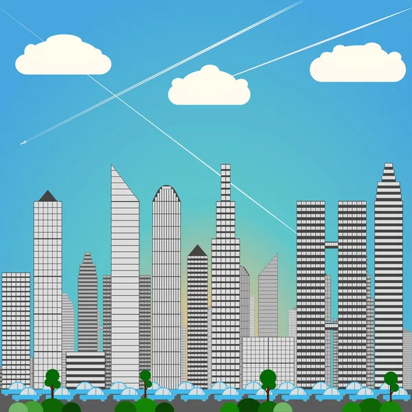 Ciudad grande Skyline, hora punta pesada Tráfico, Luz del día, colores azules — Vector de stock