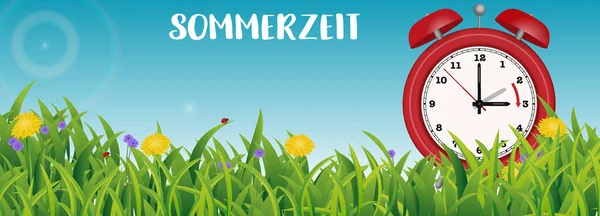 Deutsche Sommerzeit Ankündigungsbanner Mit Frühlingswiese Und Vintage Wecker — Stockvektor