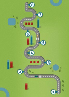 İş akışı yol haritası, Infographic flat lay style, A4 portre biçiminde, metin arkaplan ve 8 kontrol noktası olmadan doğal manzara üzerinde