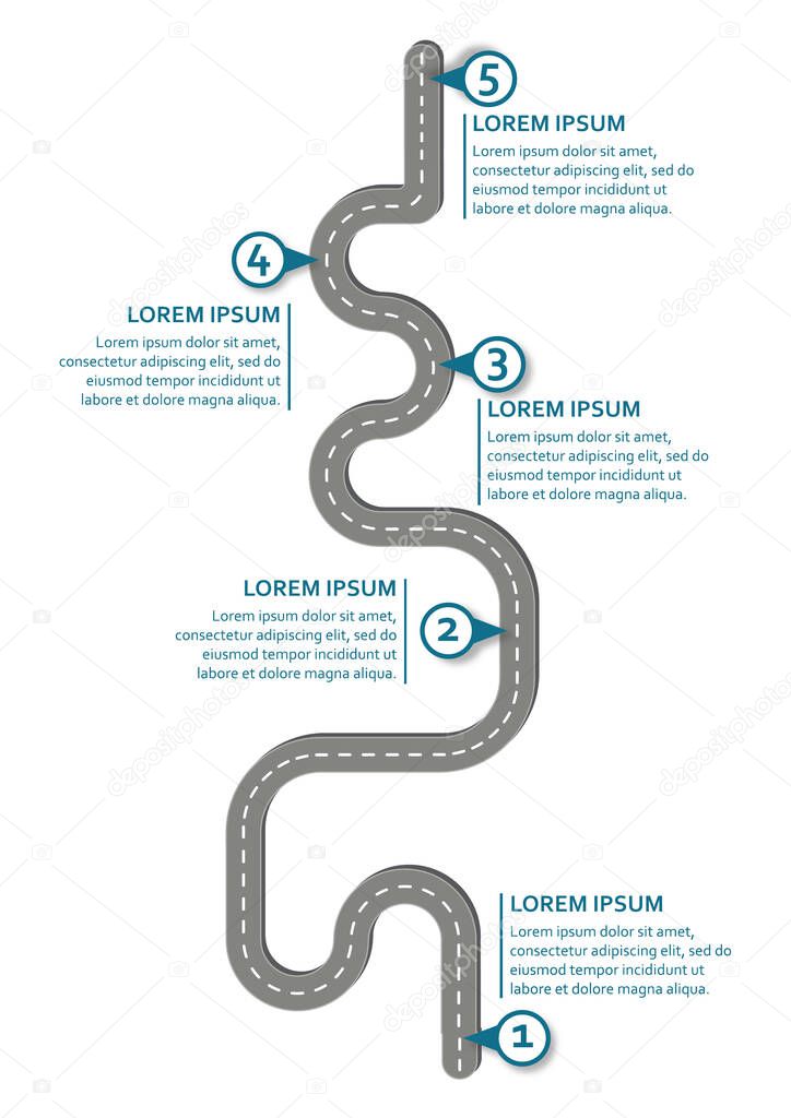 Business workflow roadmap, infographic flat lay style,  in A4 portrait format on white background with 5 check points
