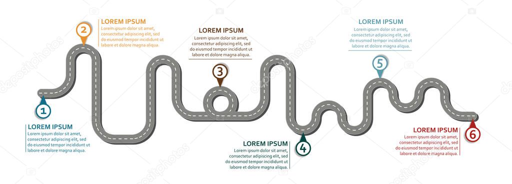 Business workflow roadmap, infographic flat lay style,  in 25:9 ultrawide, panorama, panoramic, wide, edge format on white background with 6 check points