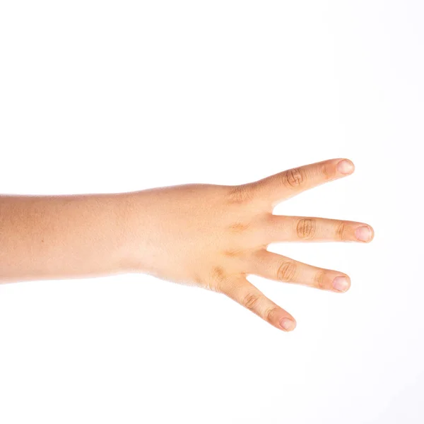 4番目の数字 子供のジェスチャー スタジオで撮影された白い背景に隔離された少年の手 — ストック写真
