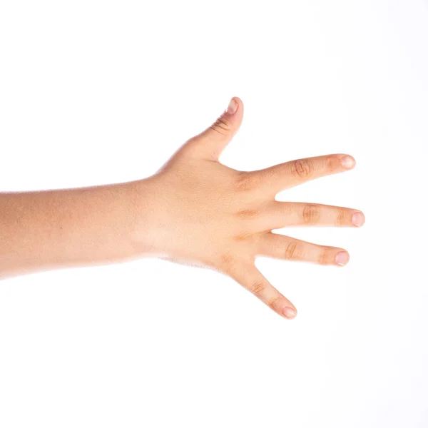 5番目の数字 子供のジェスチャー スタジオで撮影された白い背景に隔離された少年の手 — ストック写真