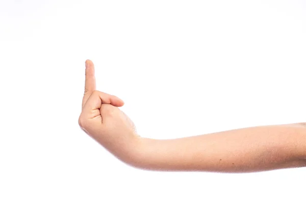 Middle Finger Insult Child Gesture Hand School Aged Boy Isolated — Stock Photo, Image
