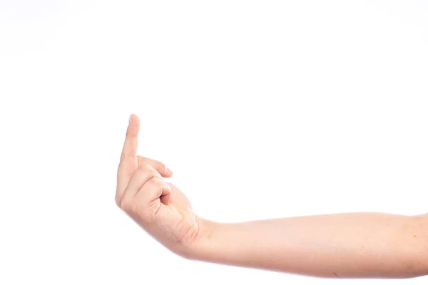 Wskazywanie Palcem Wskazującym Dziecięcy Gest Ręka Chłopca Wieku Szkolnym Odizolowanego — Zdjęcie stockowe
