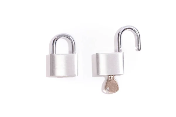 Silver Padlocks Open Closed Isolated White Background — 图库照片