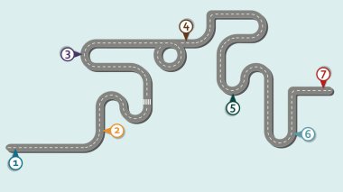 Business workflow roadmap, infographic flat lay style,  in 16:9 wide, HD format on soft blue without text background with 7 check points