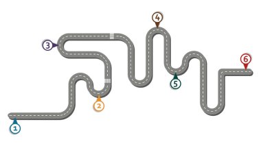 Business workflow roadmap, infographic flat lay style,  in 16:9 wide, HD format on white without text background with 6 check points