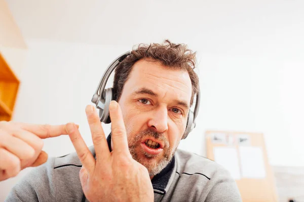 Mature Adult Male Teacher Explaining Home Schooling Video Chat Conference — Stock Photo, Image