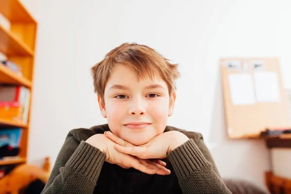 Ten Year Old School Boy Home Video Schooling Situation Looking — Stock Photo, Image