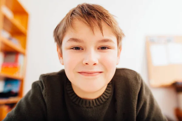 Ten Year Old School Boy Looing Closely Home Video Schooling — Stock Photo, Image