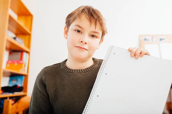 Ten Year Old School Boy Presenting Note Pad Home Video — Stockfoto