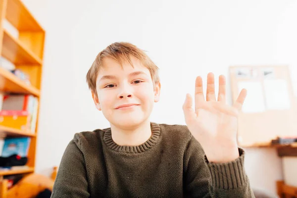 Ten Year Old School Boy Waving Hand Home Video Schooling — Stock Fotó