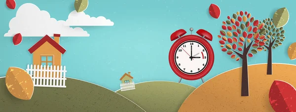 Autumn Landscape Illustration Alarm Clock Fall Daylight Savings Time Change — Stock Photo, Image