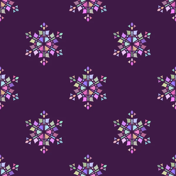Copos de nieve mosaicos que consisten en fragmentos multicolores. Patrón sin costura. — Vector de stock