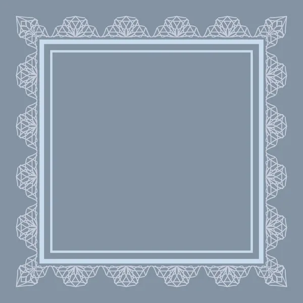 Lacy frame of gray lines. Decoration of postcards and napkins with light blue patterns on a light gray background. — Stock Vector