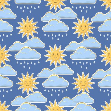 Güneşin sevimli gülümseyen yüzü, renkli bulut. Kusursuz arkaplan