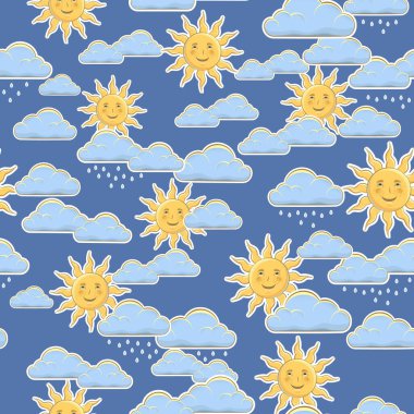 Güneşin sevimli gülümseyen yüzü, renkli bulut. Kusursuz arkaplan