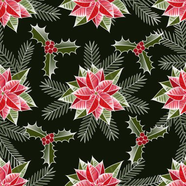 Çiçeklerle, böğürtlenlerle, siyah arka planda Noel ağacı dallarıyla kusursuz desenler..