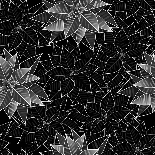 Flor de Poinsettia. Padrão preto e branco sem costura com flores, bagas de inverno, ramos de uma árvore de Natal. — Vetor de Stock