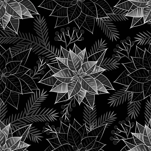 Poinsettia fleur. Motif noir et blanc sans couture avec fleurs, baies d'hiver, branches d'un arbre de Noël. — Image vectorielle