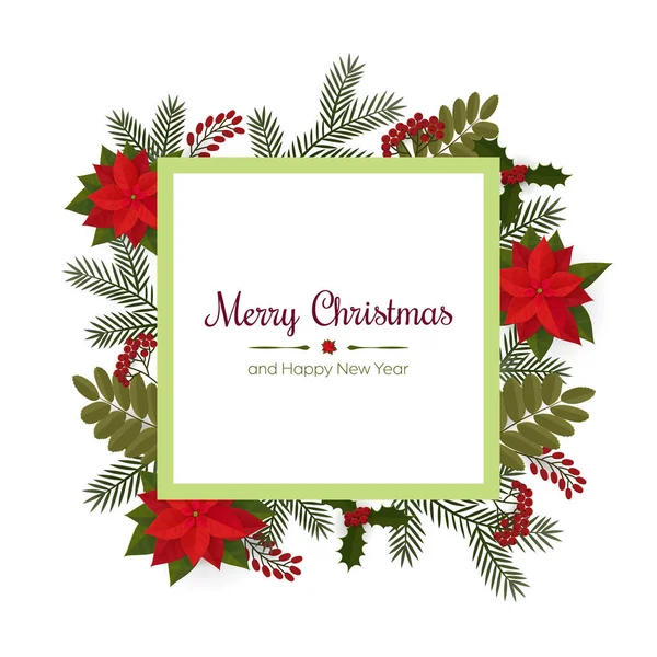 Biglietto natalizio con iscrizione decorata con fiori di Poinsettia rossi, bacche e rami dell'albero di Natale Illustrazioni Stock Royalty Free