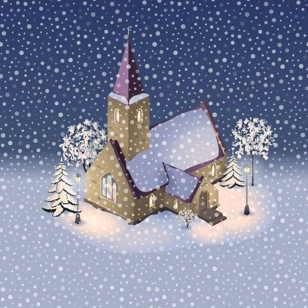 Wektor ilustracji małego wiejskiego kościoła w zimowy wieczór — Wektor stockowy