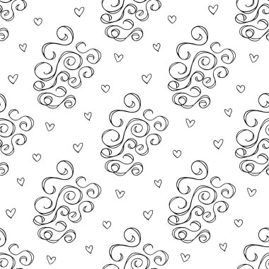 Wavy and swirling brush strokes of vector seamless pattern with hearts