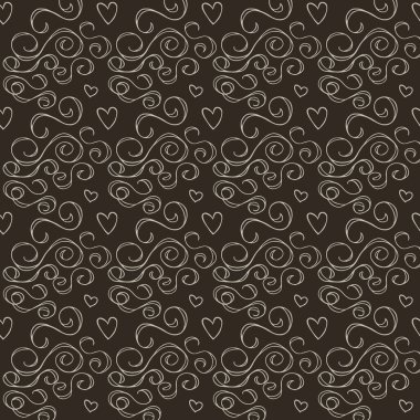 Wavy and swirling brush strokes of vector seamless pattern with hearts