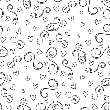 Wavy and swirling brush strokes of vector seamless pattern with hearts