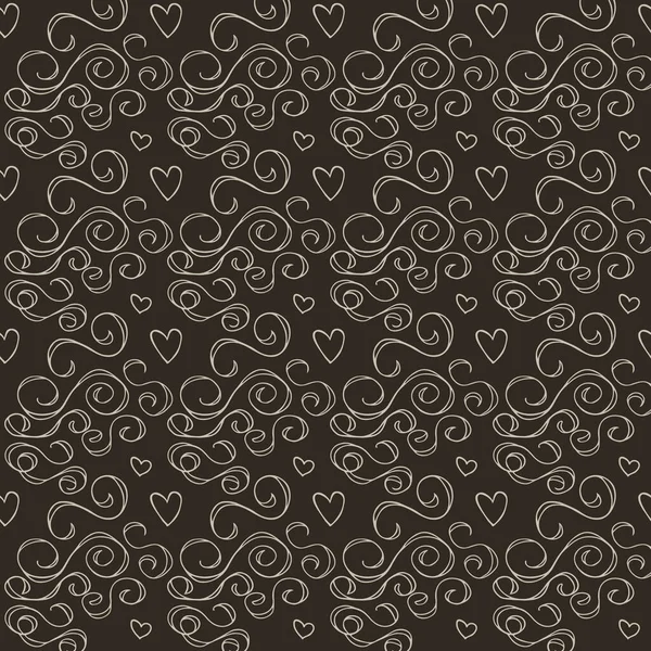 Wavy and swirling brush strokes of vector seamless pattern with hearts — Stock Vector