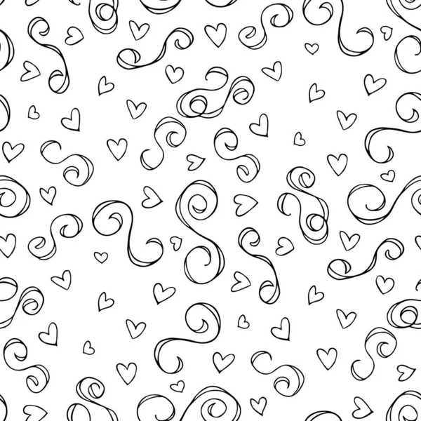 Wavy and swirling brush strokes of vector seamless pattern with hearts — Wektor stockowy