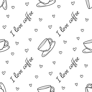 Seamless pattern with coffee cup and hearts on a white background.