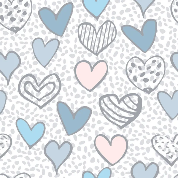 Seamless pattern with hand-drawn hearts in gray-blue tones on a white background — Vetor de Stock