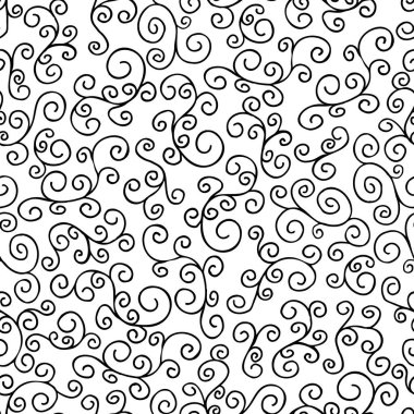 Dalgalı ve girdaplı fırça darbeleri vektörsüz çizim. Vektör karalama çizimi siyah beyaz.