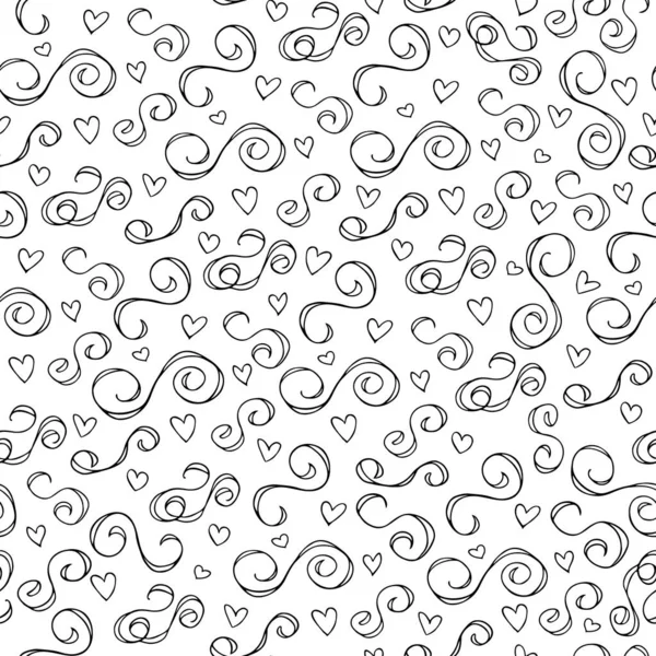 Wavy and swirling brush strokes of vector seamless drawing with hearts. Vector doodle illustration in black and white. — Wektor stockowy