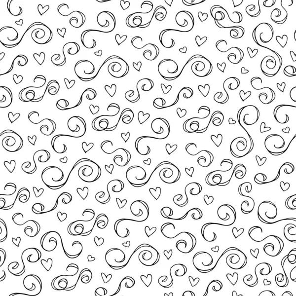 Wavy and swirling brush strokes of vector seamless drawing with hearts. Vector doodle illustration in black and white.