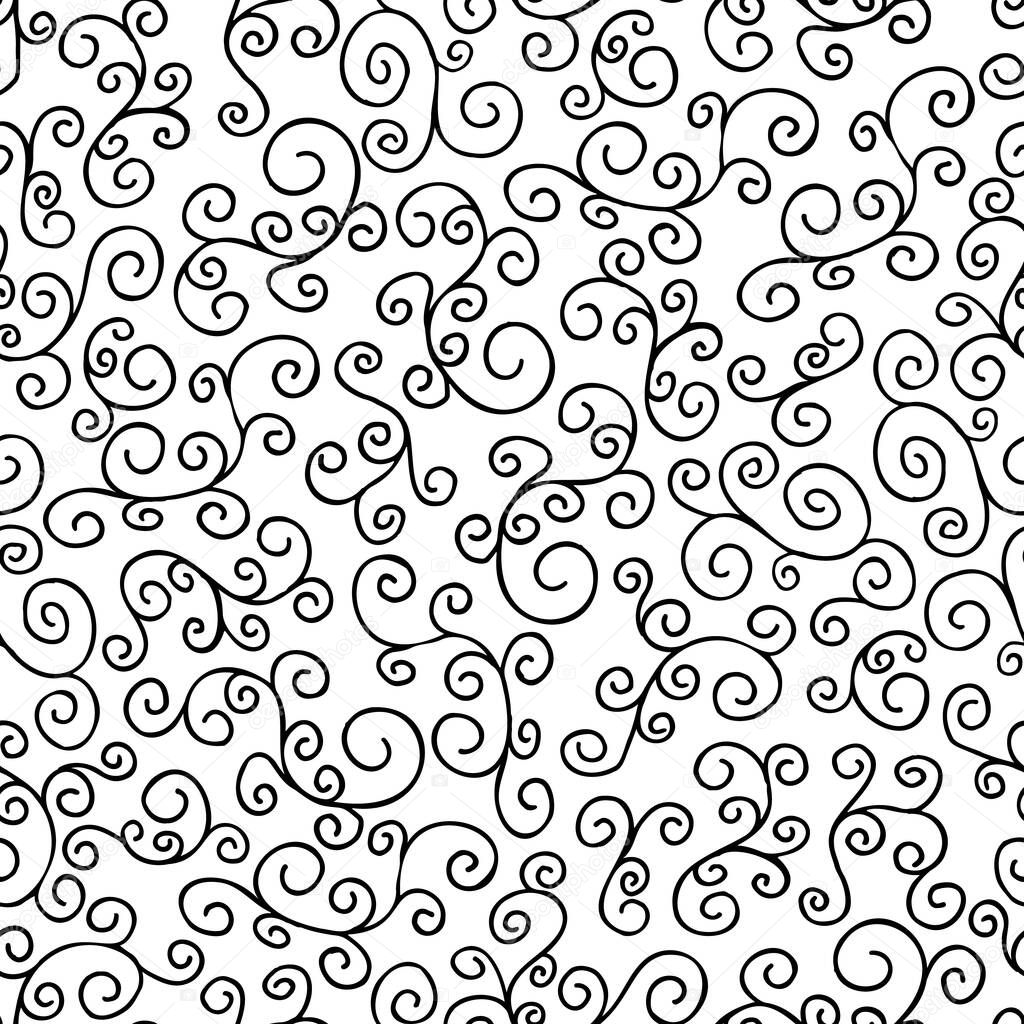 Wavy and swirling brush strokes of vector seamless drawing. Vector doodle illustration in black and white.