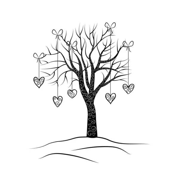 Συνεχές γραμμικό σχέδιο δέντρου με καρδιές σε κλωστές γεμάτες — Διανυσματικό Αρχείο